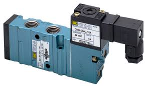 Blue industrial pneumatic solenoid valve with black coil actuator.