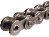 Close-up of a metal roller chain used in machinery.