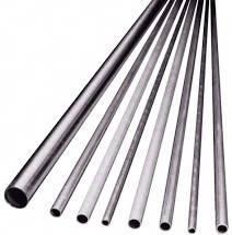 Various sizes of metallic pipes arranged in a row.