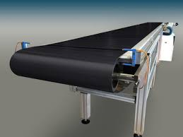 Industrial conveyor belt system with black belt and metal frame.