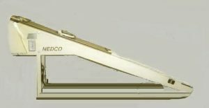 Close-up of a gold and white pen on a plain surface.