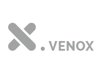 A gray logo with the text '.VENOX' and an abstract design.